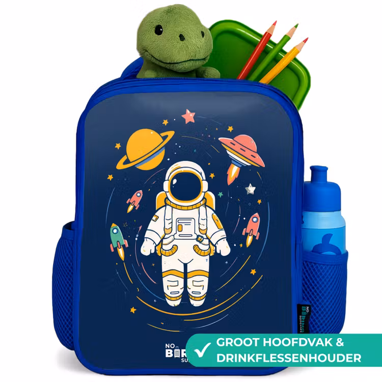 Astronaut - Planeet - Sterren - Raket Kinderrugzak - Blauw middel -inhoud_NL