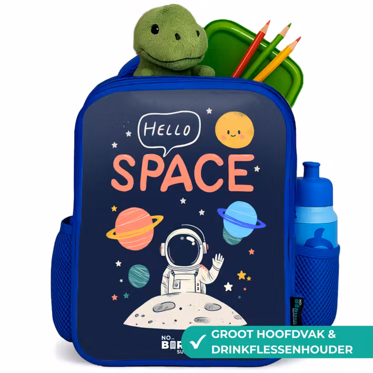 Astronaut - Quote - Planeten - Sterren Kinderrugzak - Blauw middel -inhoud_NL