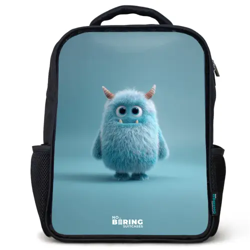 Blauw pluizig monster met hoorns Rugzak - Zwart middel -3d