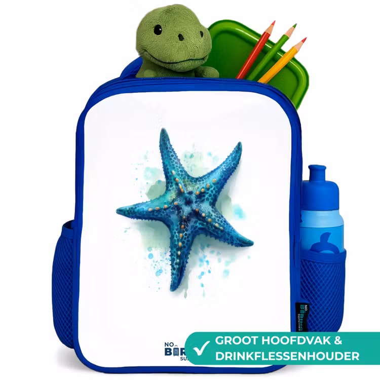 Blauwe Zeester op Witte Achtergrond Kinderrugzak - Blauw middel -inhoud_NL