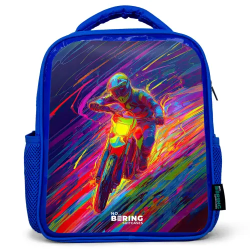 Crossmotor - Neonkleuren - Lijnen - Helm Kinderrugzak - Blauw middel -3d