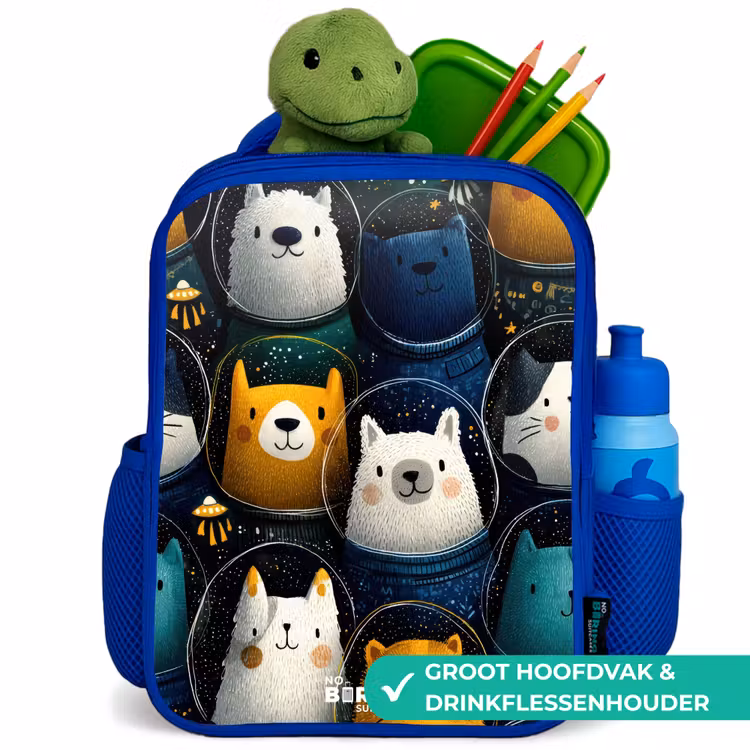 Dieren - Sterren - Planeten - Astronaut Kinderrugzak - Blauw middel -inhoud_NL