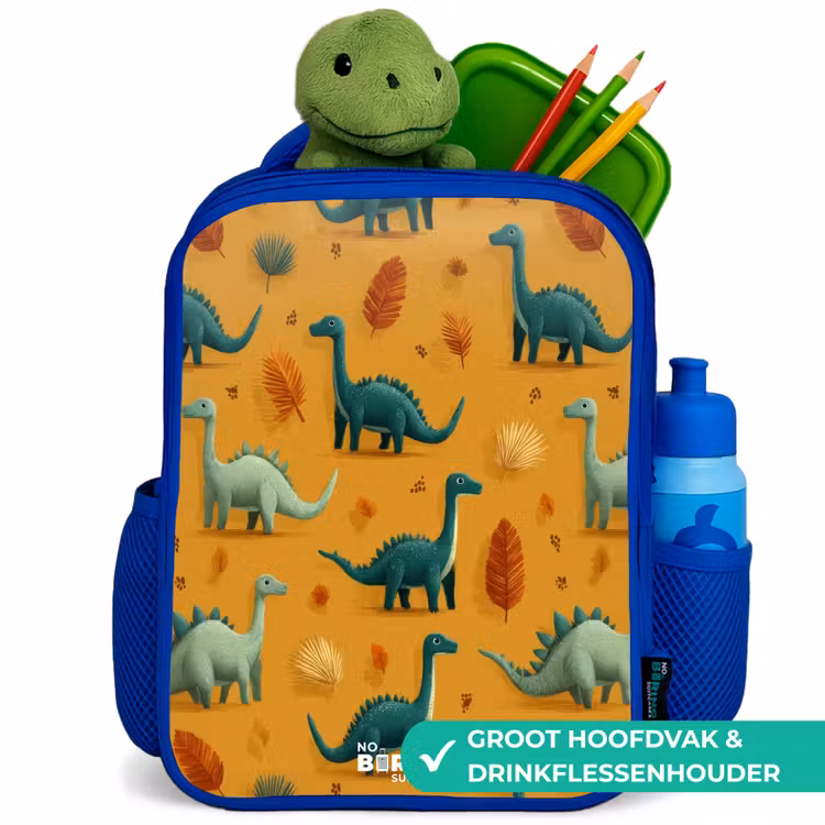 Dino - Dieren - Patroon Kinderrugzak - Blauw middel -inhoud_NL