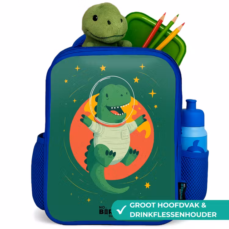 Dino - Planeet - Sterren - Groen Kinderrugzak - Blauw middel -inhoud_NL