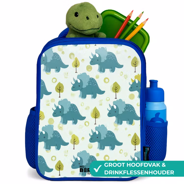 Dinos - Patroon - Natuur Kinderrugzak - Blauw middel -inhoud_NL