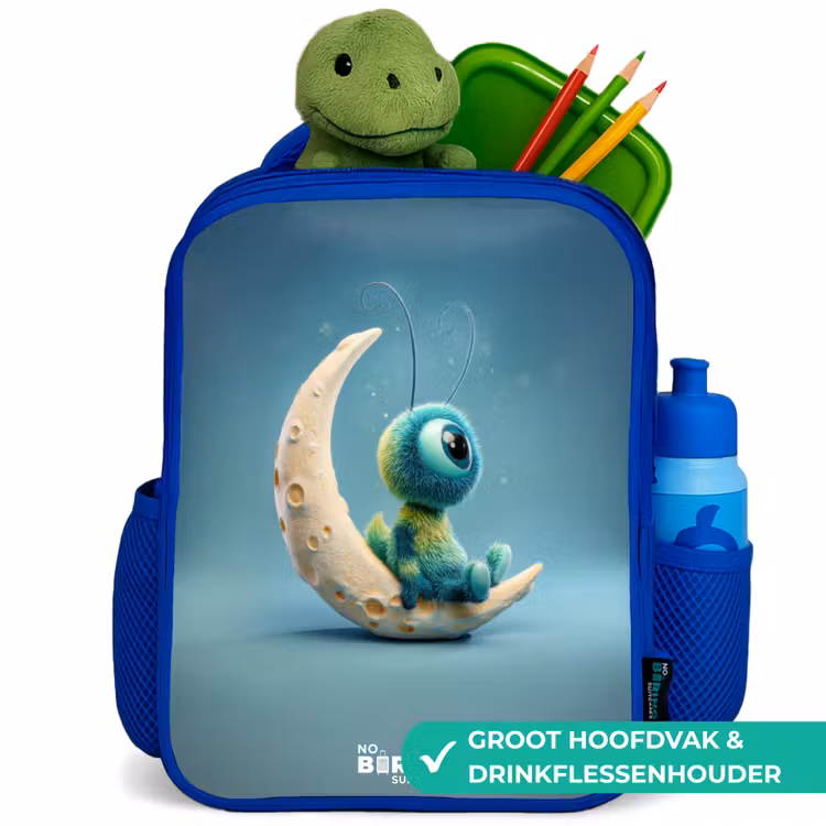 Dromerig Wezentje op de Maan Kinderrugzak - Blauw middel -inhoud_NL