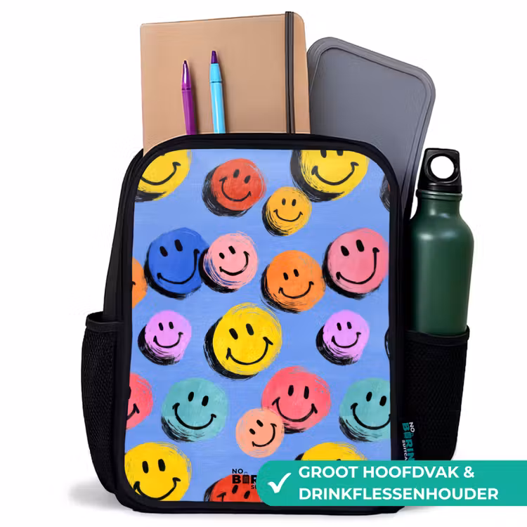 Een speels en kunstzinnig patroon van kleurrijke smileys Rugzak - Zwart middel -inhoud_NL