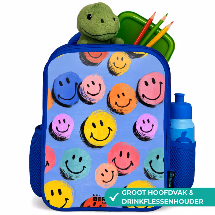 Een speels en kunstzinnig patroon van kleurrijke smileys Kinderrugzak - Blauw middel -inhoud_NL