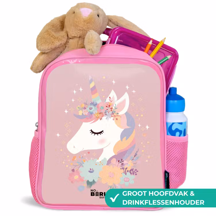 Eenhoorn - Roze - Bloemen Kinderrugzak - Roze middel -inhoud_NL