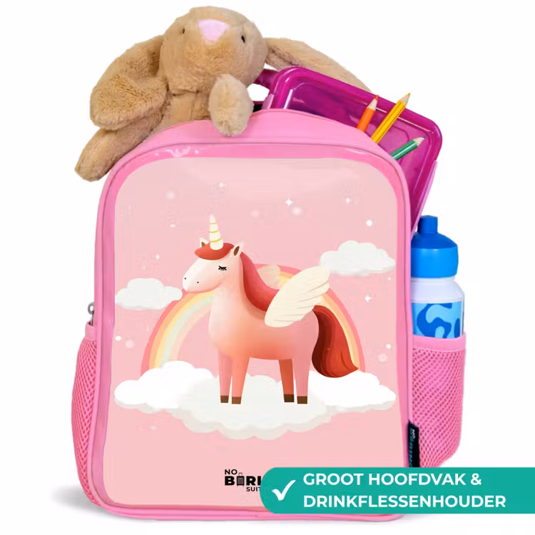 Eenhoorn - Vleugels - Roze - Regenboog Kinderrugzak - Roze middel -inhoud_NL