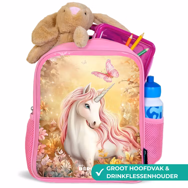 Eenhoorn - Vlinder - Roze - Manen Kinderrugzak - Roze middel -inhoud_NL