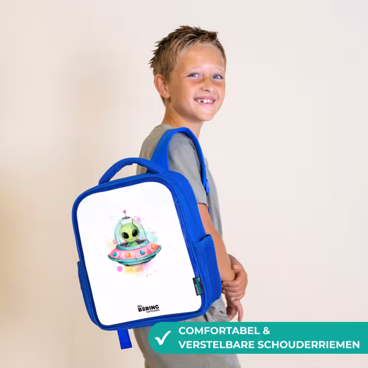 Groene alien in kleurrijke UFO Kinderrugzak - Blauw middel -sfeer3_NL