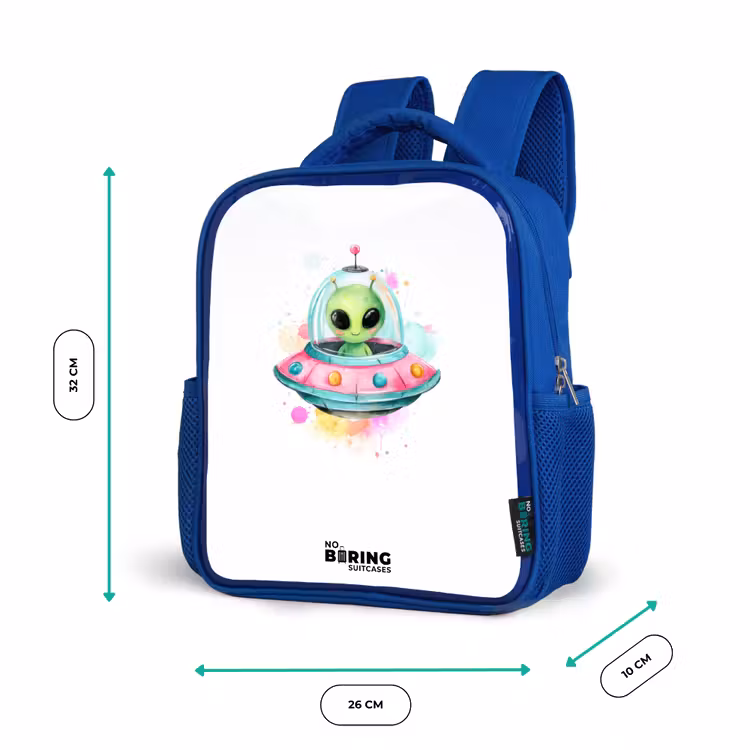 Groene alien in kleurrijke UFO Kinderrugzak - Blauw middel -productfoto_formaten