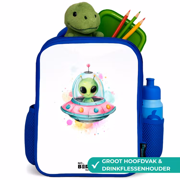 Groene alien in kleurrijke UFO Kinderrugzak - Blauw middel -inhoud_NL