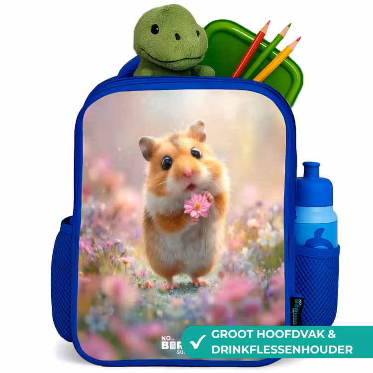 Hamster - Bloem - Natuur - Dier Kinderrugzak - Blauw middel -inhoud_NL