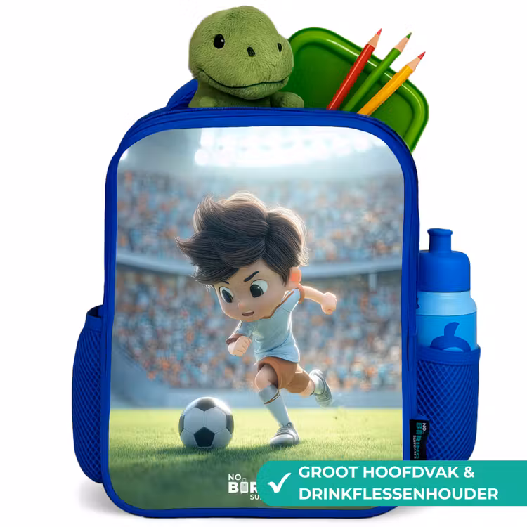 Jongen - Voetbal - Stadion - Zonlicht Kinderrugzak - Blauw middel -inhoud_NL
