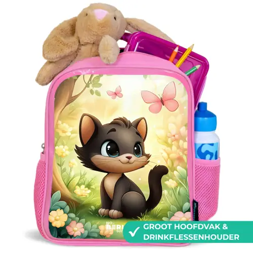 Kat - Vlinder - Bloemen Kinderrugzak - Roze middel -inhoud_NL