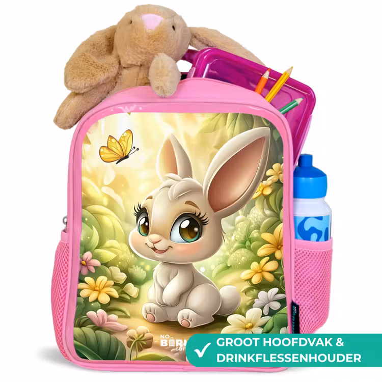 Konijn - Zonlicht - Sprookjesachtig - Vlinder Kinderrugzak - Roze middel -inhoud_NL