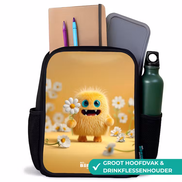 Monster - Wezen - Bloem - Geel Rugzak - Zwart middel -inhoud_NL