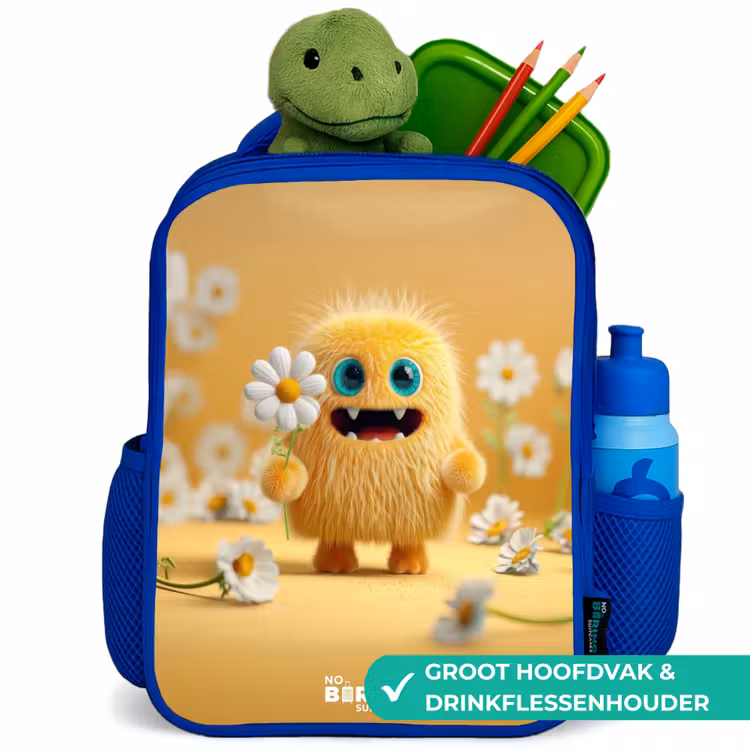 Monster - Wezen - Bloem - Geel Kinderrugzak - Blauw middel -inhoud_NL