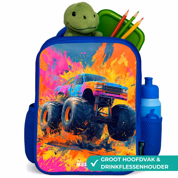 Monstertruck - Verfspatten - Kleurrijk - Explosie Kinderrugzak - Blauw middel -inhoud_NL