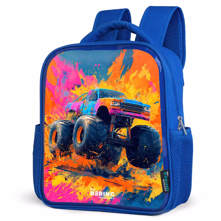 Monstertruck - Verfspatten - Kleurrijk - Explosie Kinderrugzak - Blauw middel -schuin