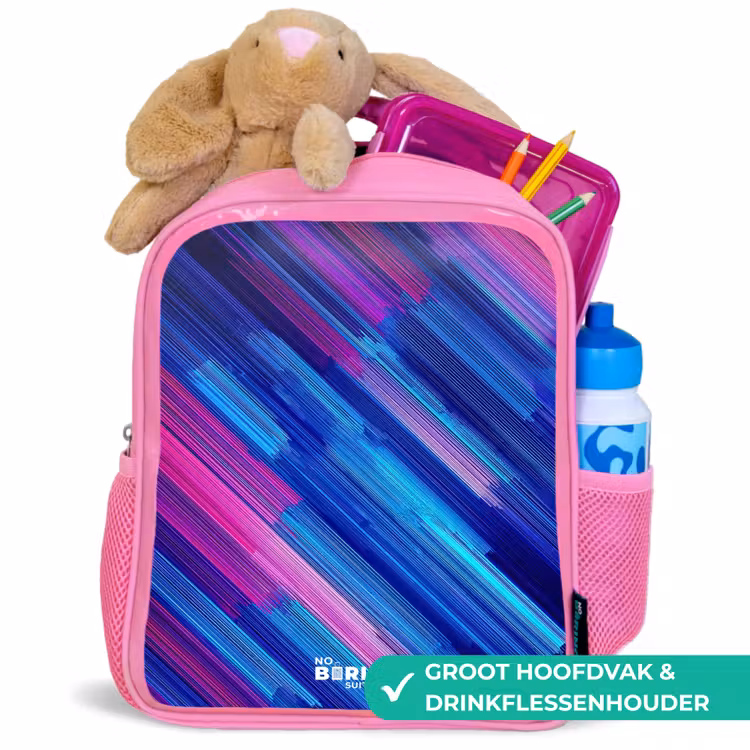 Neon - Strepen - Abstract - Blauw - Roze Kinderrugzak - Roze middel -inhoud_NL