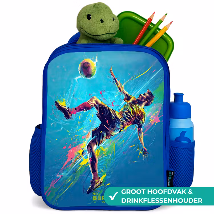 Neon - Voetbal - Schop - Kleurrijk Kinderrugzak - Blauw middel -inhoud_NL