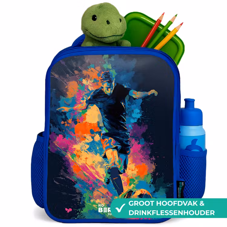 Neon - Voetballer - Kleurrijk Kinderrugzak - Blauw middel -inhoud_NL