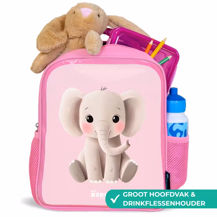 Olifant - Baby - Blosjes - Illustratie Kinderrugzak - Roze middel -inhoud_NL