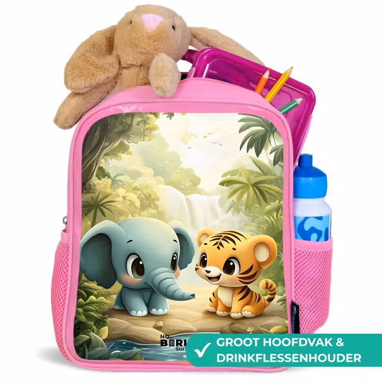 Olifant - Tijger - Bos - Jungle Kinderrugzak - Roze middel -inhoud_NL