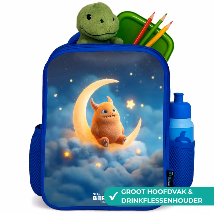 Oranje monster op maansikkel Kinderrugzak - Blauw middel -inhoud_NL
