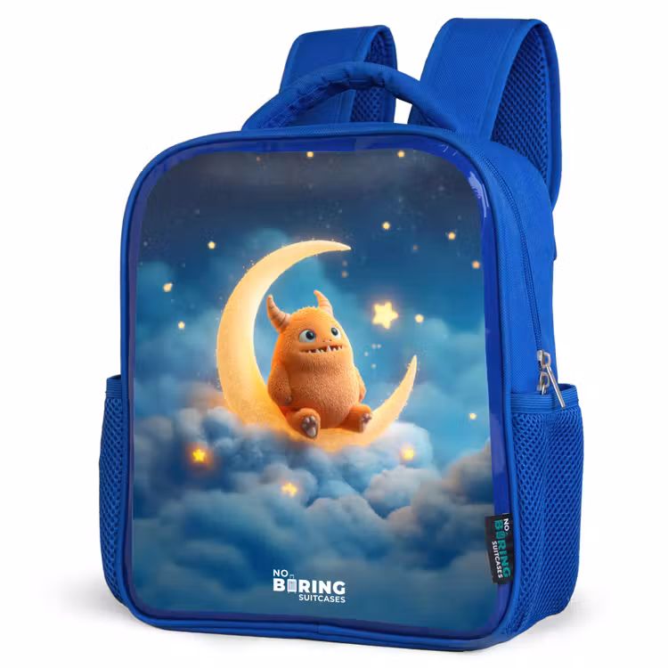 Oranje monster op maansikkel Kinderrugzak - Blauw middel -schuin