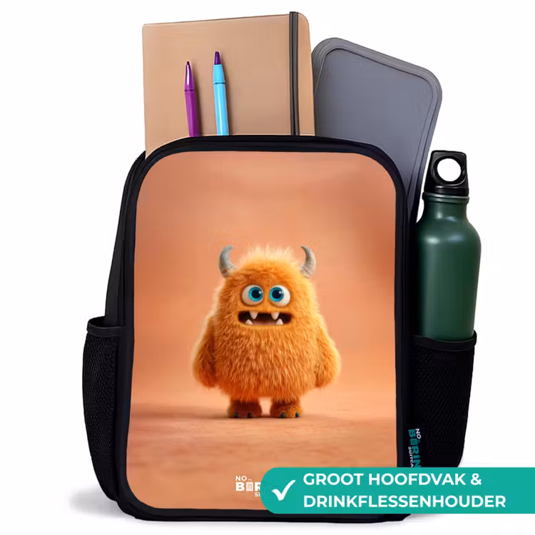 Oranje Pluizig Monster met Hoorns Rugzak - Zwart middel -inhoud_NL