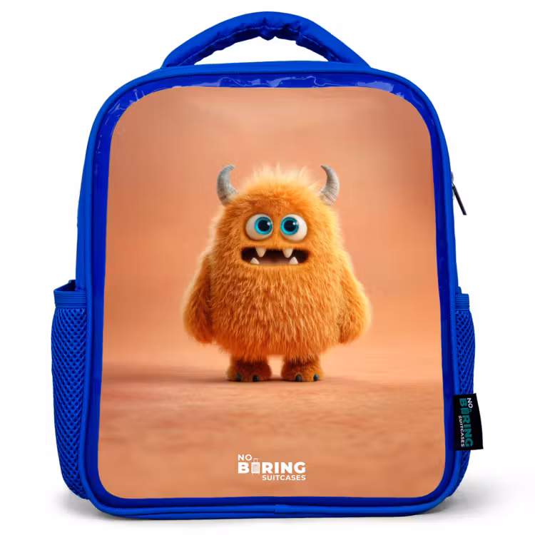 Oranje Pluizig Monster met Hoorns Kinderrugzak - Blauw middel -3d