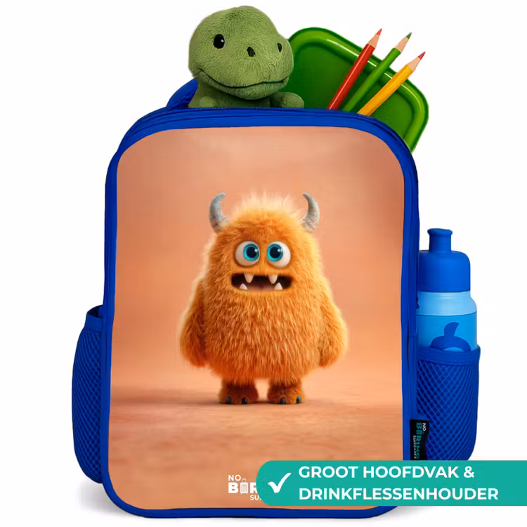 Oranje Pluizig Monster met Hoorns Kinderrugzak - Blauw middel -inhoud_NL