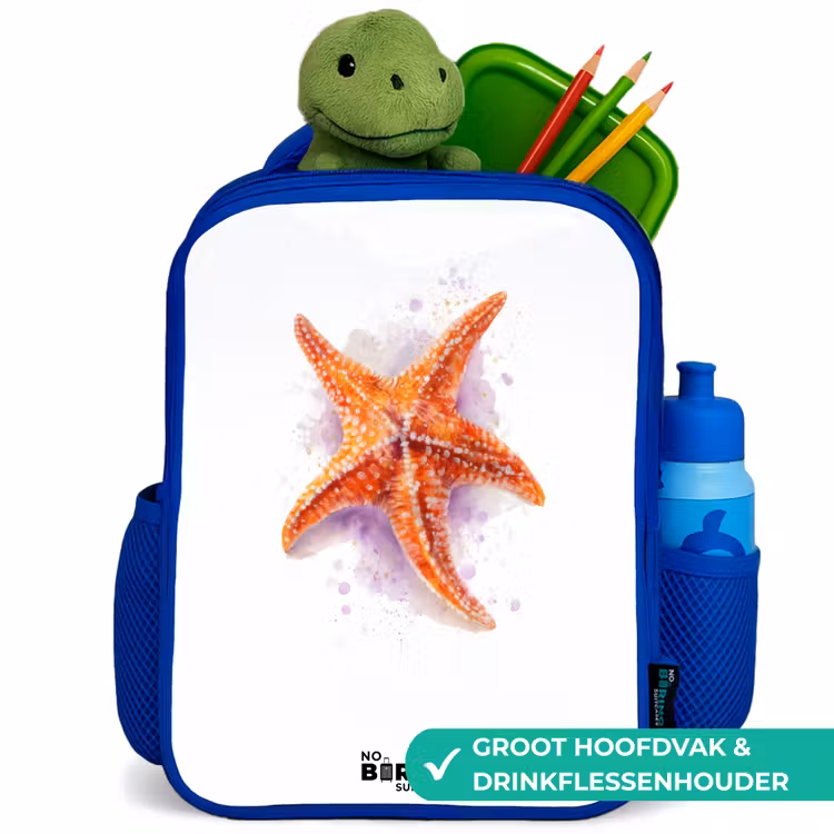 Oranje Zeester Illustratie Kinderrugzak - Blauw middel -inhoud_NL
