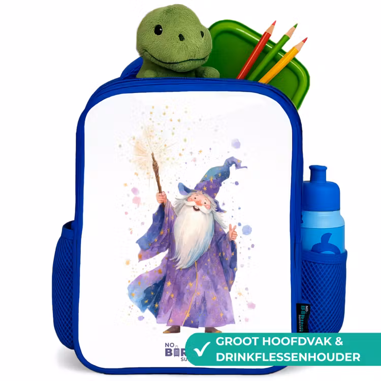 Oude tovenaar met staf Kinderrugzak - Blauw middel -inhoud_NL
