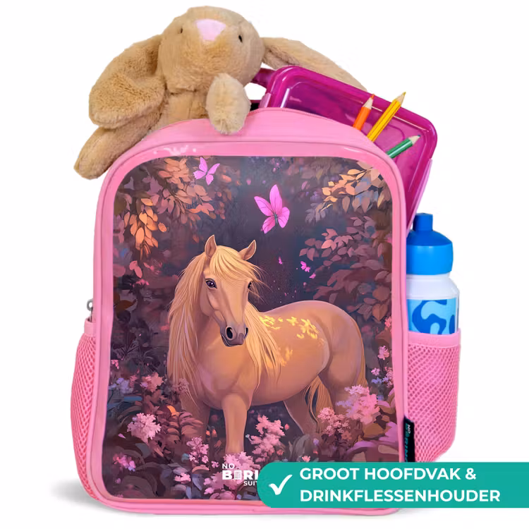 Paard - Bloemen - Paars - Vlinder Kinderrugzak - Roze middel -inhoud_NL