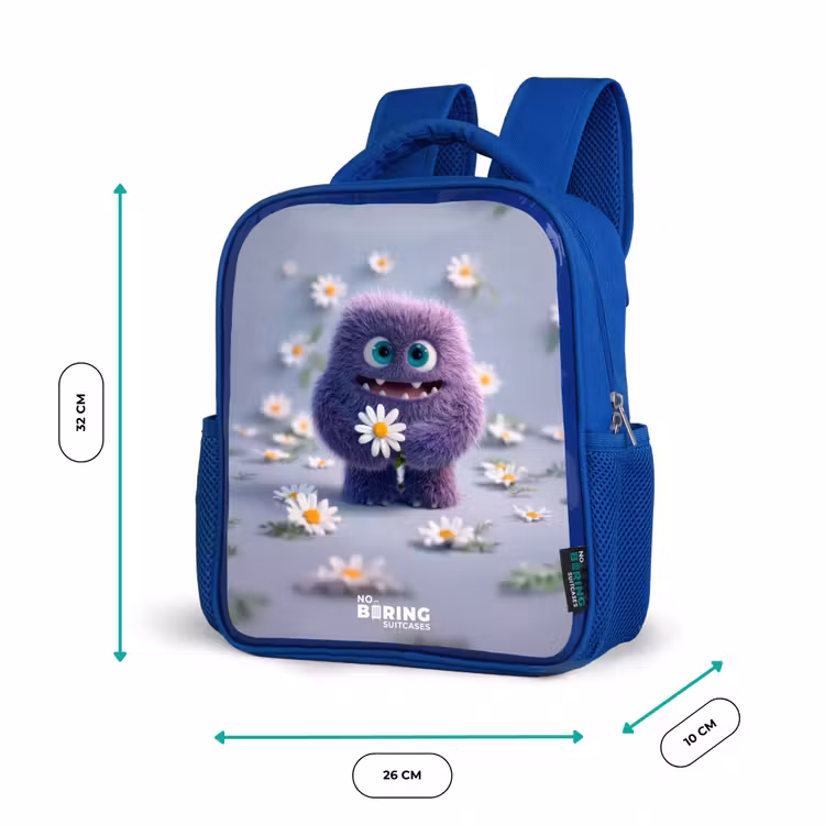 Paars Pluizig Vriendje met Madelief Kinderrugzak - Blauw middel -productfoto_formaten