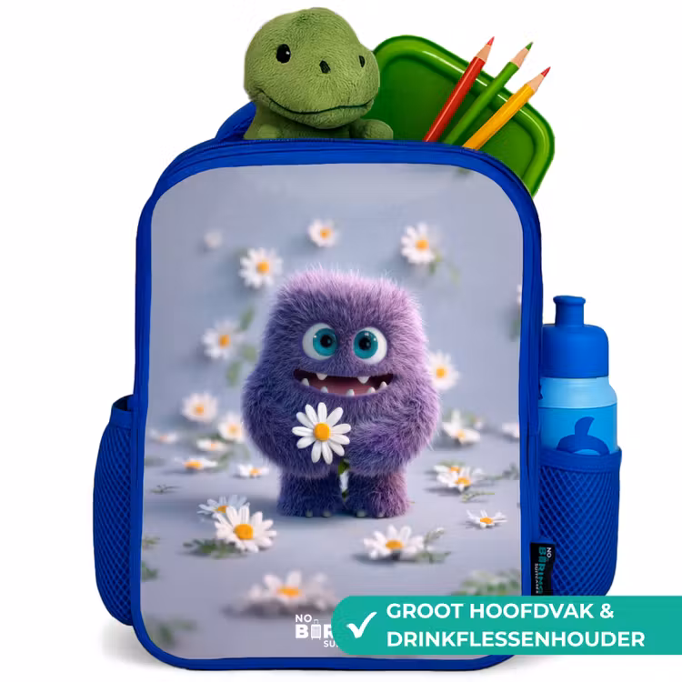 Paars Pluizig Vriendje met Madelief Kinderrugzak - Blauw middel -inhoud_NL