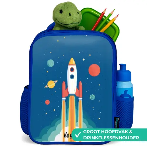Raket - Planeet - Sterren - Veelkleurig Kinderrugzak - Blauw middel -inhoud_NL