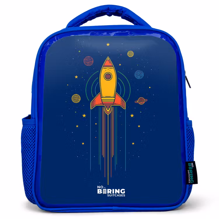 Raket - Planeten - Sterren Kinderrugzak - Blauw middel -3d
