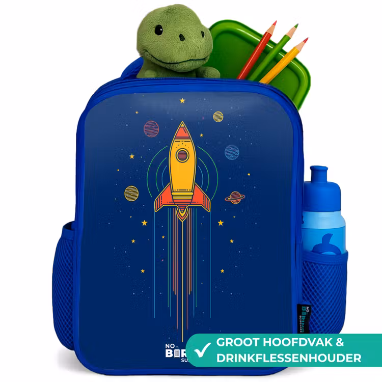 Raket - Planeten - Sterren Kinderrugzak - Blauw middel -inhoud_NL
