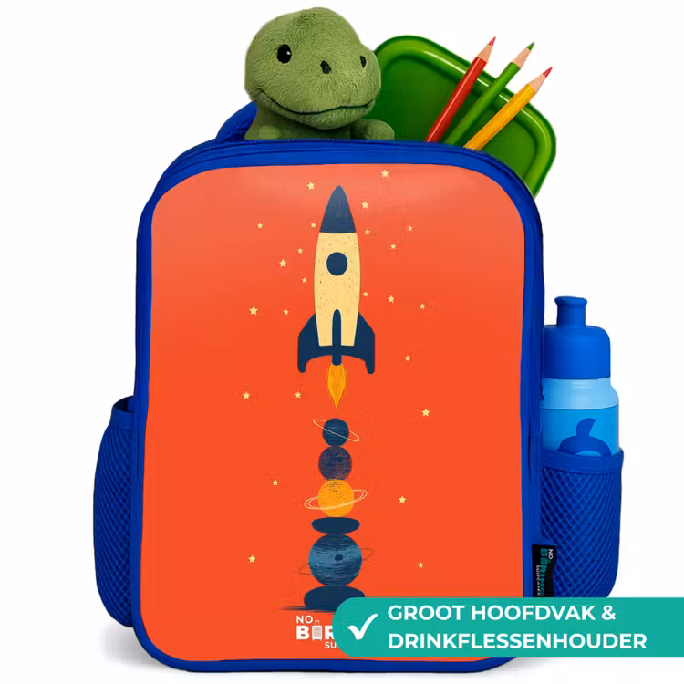 Raket - Sterren - Planeten Kinderrugzak - Blauw middel -inhoud_NL