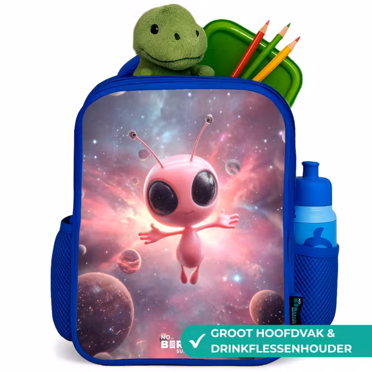 Roze Alien in Sterrennevel Kinderrugzak - Blauw middel -inhoud_NL