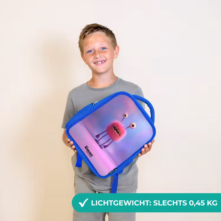 Roze harig monster met grote ogen Kinderrugzak - Blauw middel -sfeer1_NL