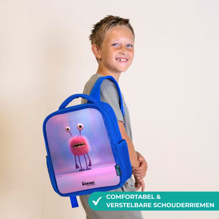 Roze harig monster met grote ogen Kinderrugzak - Blauw middel -sfeer3_NL