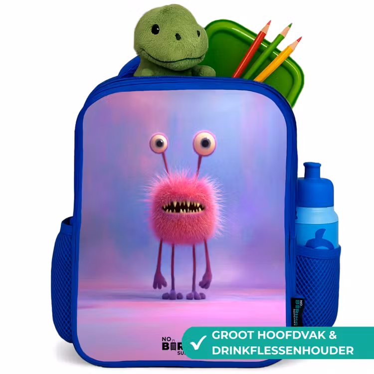 Roze harig monster met grote ogen Kinderrugzak - Blauw middel -inhoud_NL