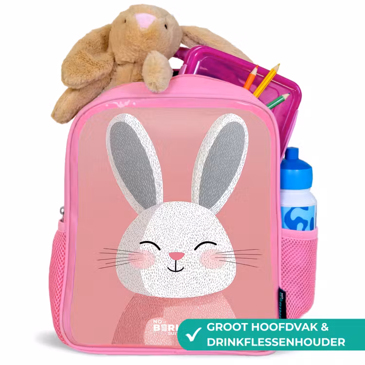 Roze - Konijn - Glimlach - Illustratie Kinderrugzak - Roze middel -inhoud_NL